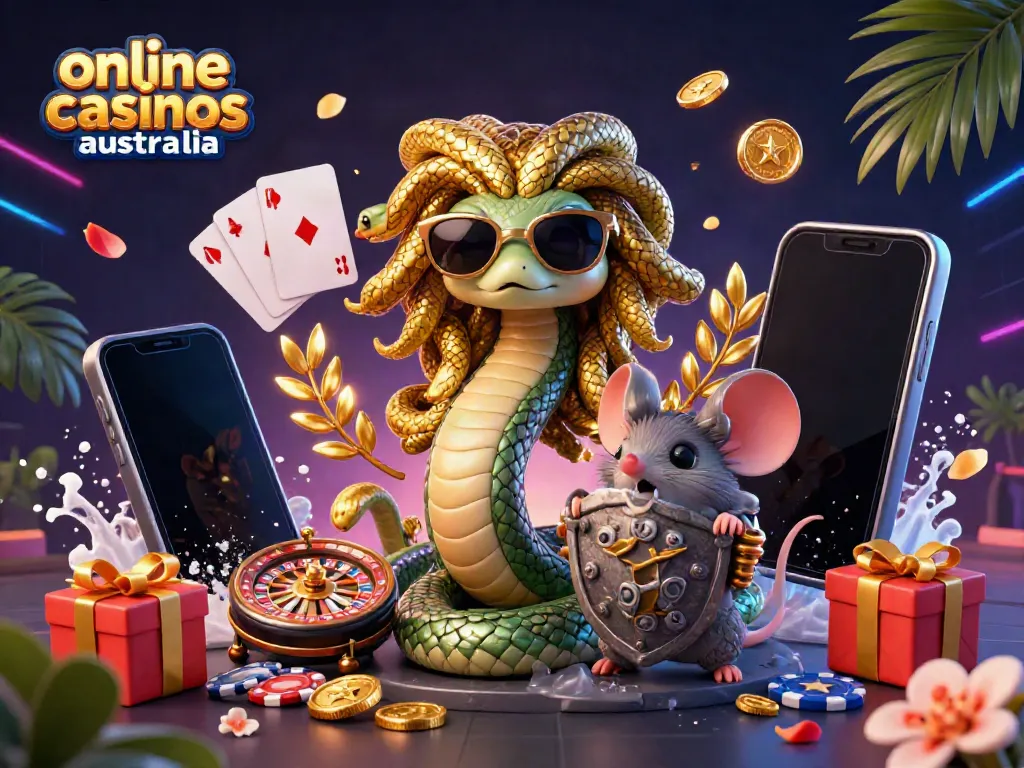 Experience online casinos australia through an engaging illustration of Medusa and a warrior mouse amidst vibrant casino elements.