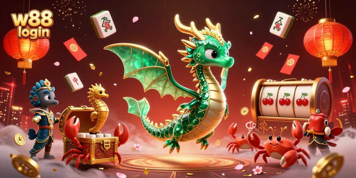Experience the excitement of W88 login with vibrant dragon and slot machine elements in this dynamic illustration.