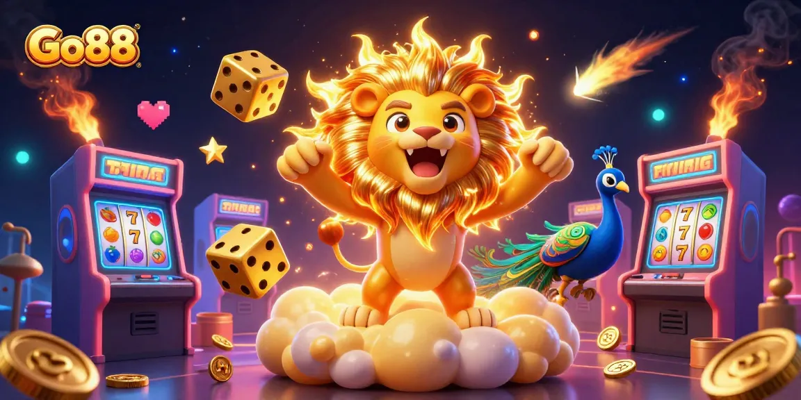 Join the excitement with Go88 as vibrant slot reels and golden dice collide in a thrilling casino adventure.