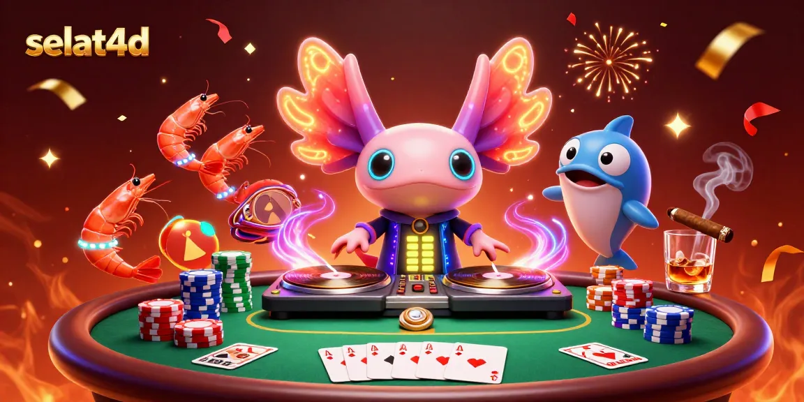 Engage with selat4d through a vibrant 3D scene featuring animated characters and casino elements.