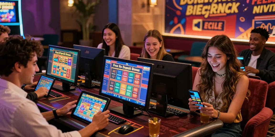 Friends celebrating winning Free No Deposit Bonus at an online casino, vibrant atmosphere and gaming devices.