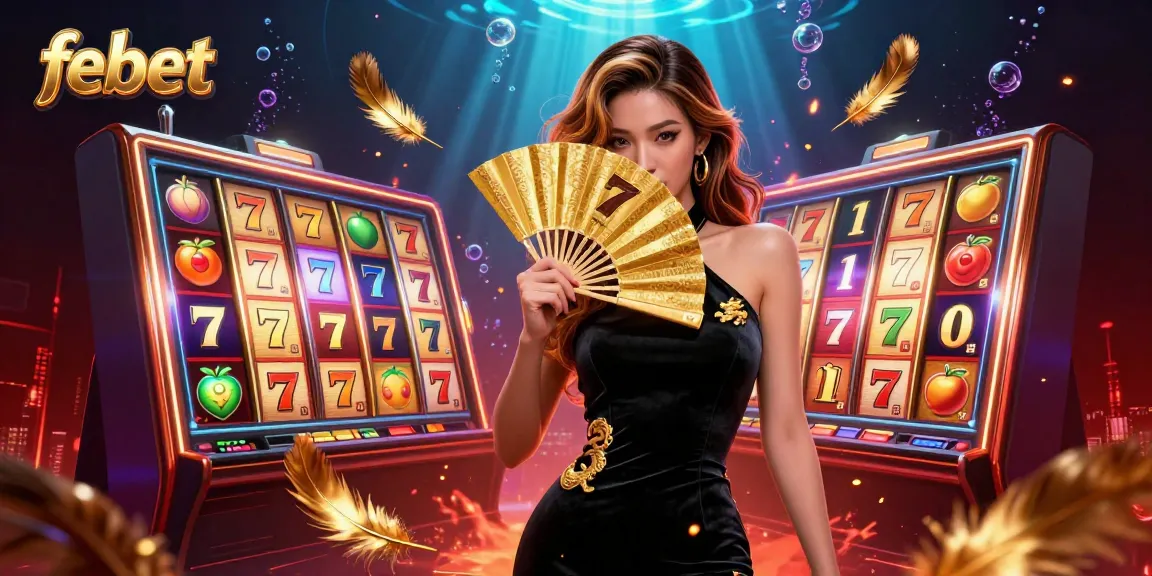 Join the excitement at febet with a captivating Asian woman amidst vibrant casino elements.