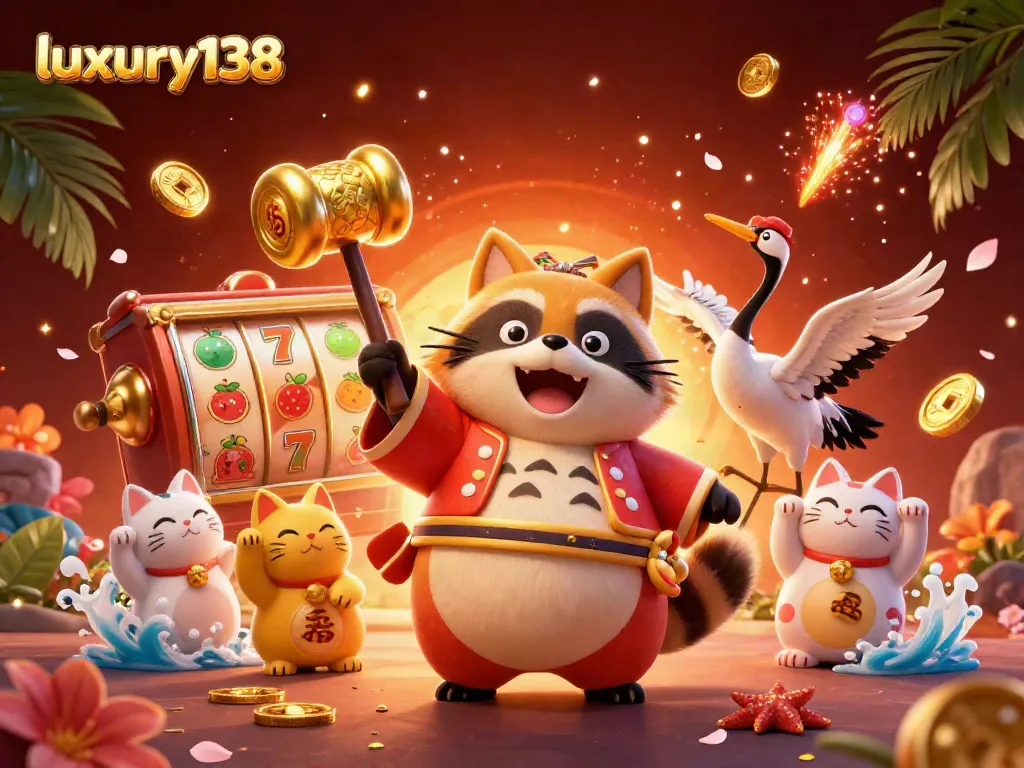Experience the excitement of luxury138 through a vibrant 3D casino illustration with joyful characters.