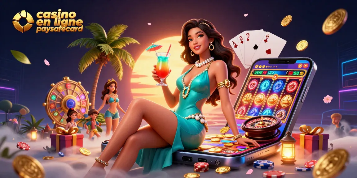 Découvrez l'excitation du casino en ligne paysafecard dans une scène de casino tropical vibrant.