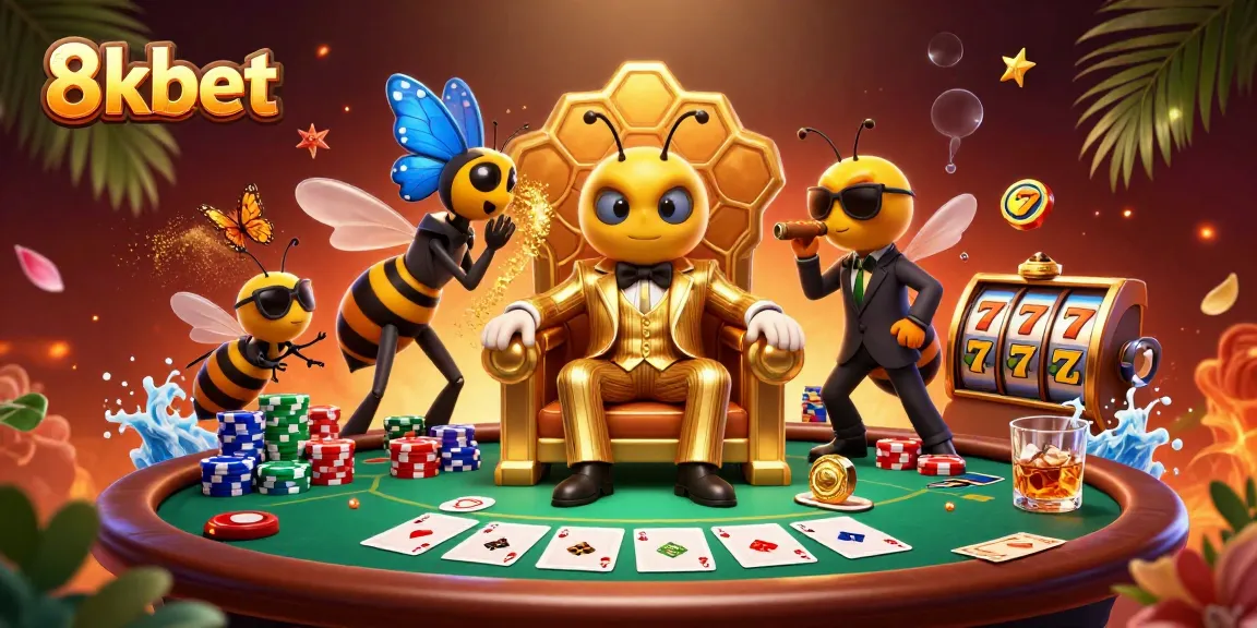 Engage in thrilling poker action with 8xbet's unique casino atmosphere, showcasing dynamic characters and vibrant game elements.