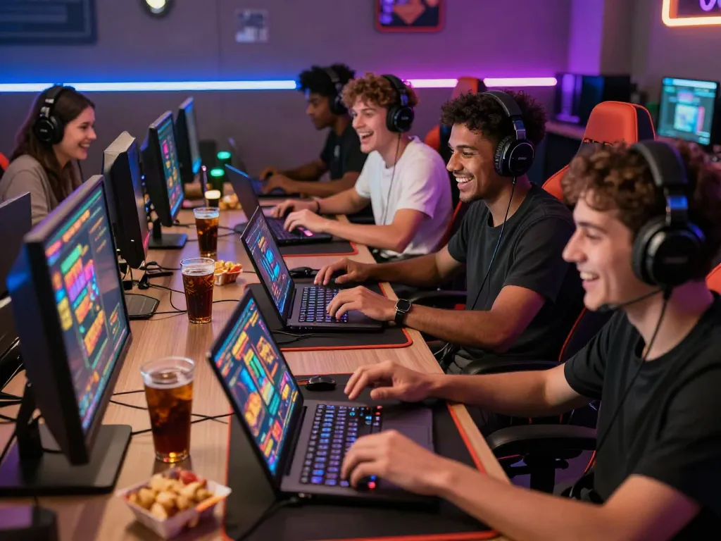 Engaged friends exploring akunjp online gaming together in a vibrant lounge.