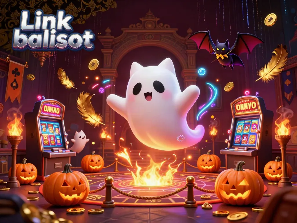 Engage with the thrilling atmosphere of Link balislot featuring a playful ghost cat, a vampire bat, and enchanting jack-o-lanterns.
