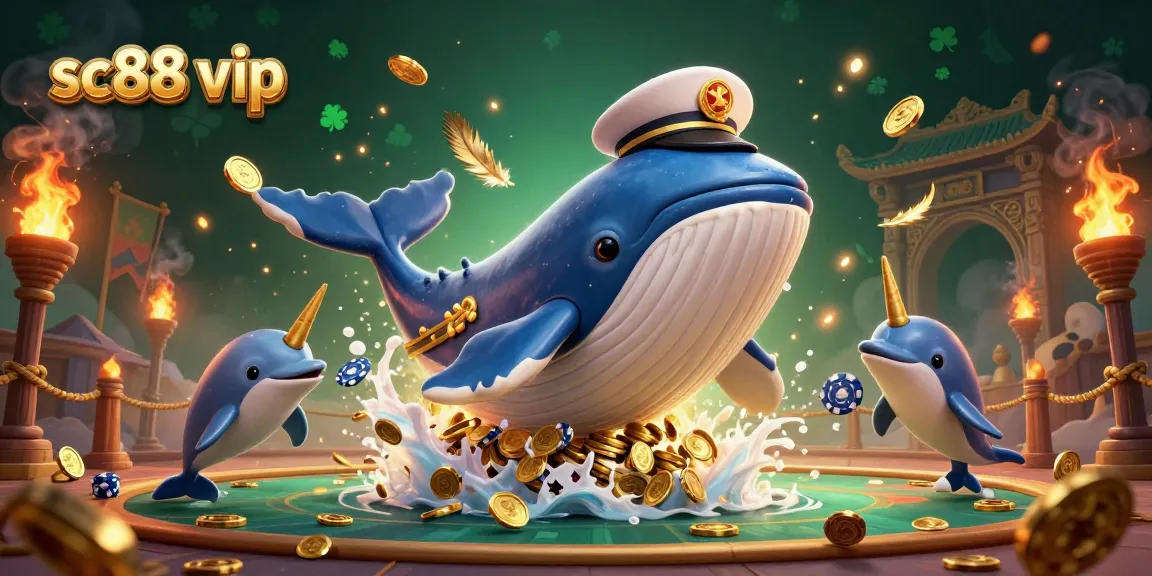 Win big with SC88 VIP as the mighty whale and friends party amidst gold coins and casino excitement!