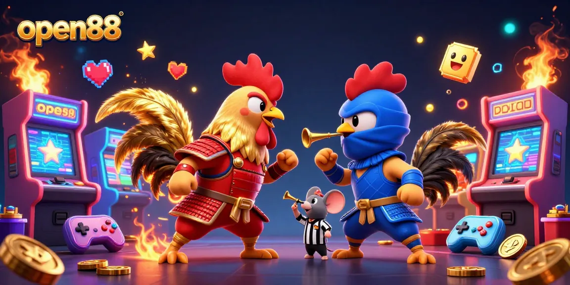 Experience thrilling action at open88 with dynamic roosters battling amidst vibrant casino-themed elements.
