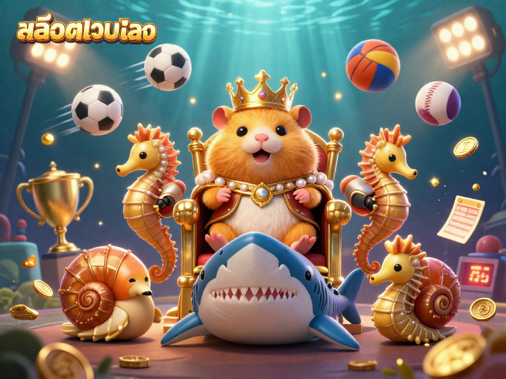 Experience the excitement of สล็อตเว็บตรง with our dynamic 3D casino illustration featuring a golden hamster king and royal guards.