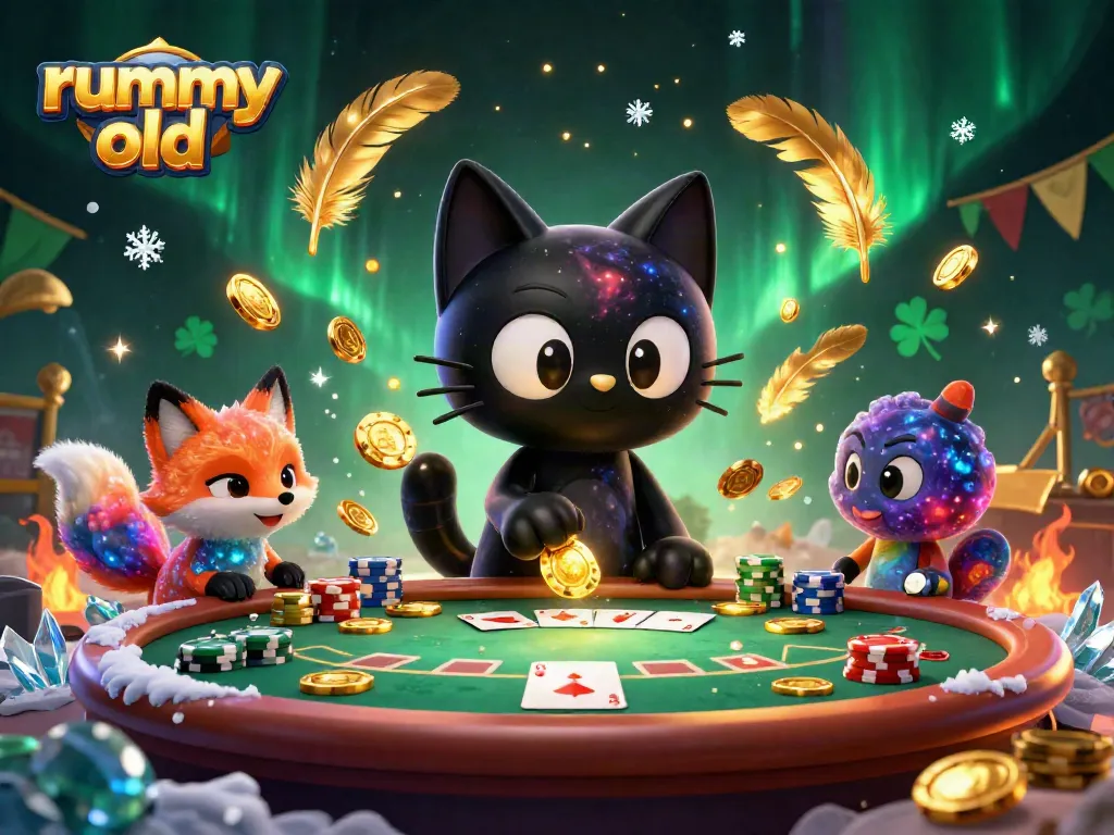 Mainkan rummy old di kasino virtual dengan kucing lubang hitam dan rubah nebula dalam ilustrasi 3D yang berwarna-warni.
