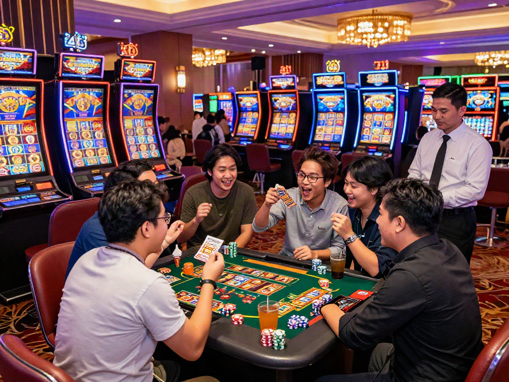 Group celebrating a winning moment on slot gacor 4d at a vibrant casino with colorful lights.