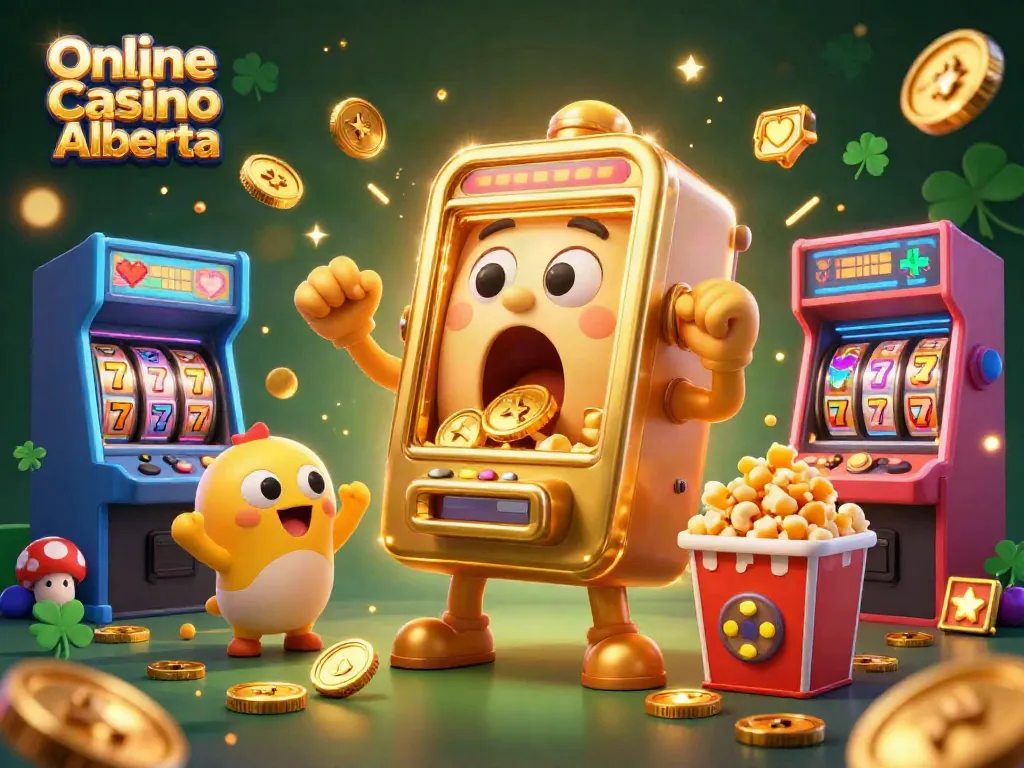 Spin to win at Online Casino Alberta with a 3D golden slot machine celebrating jackpots amidst colorful game elements.