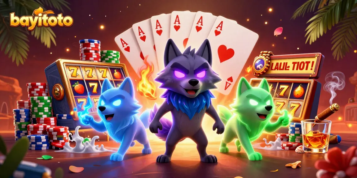 Experience thrilling wins at bayitoto with vibrant slots, poker elements, and animated ghostly wolves.