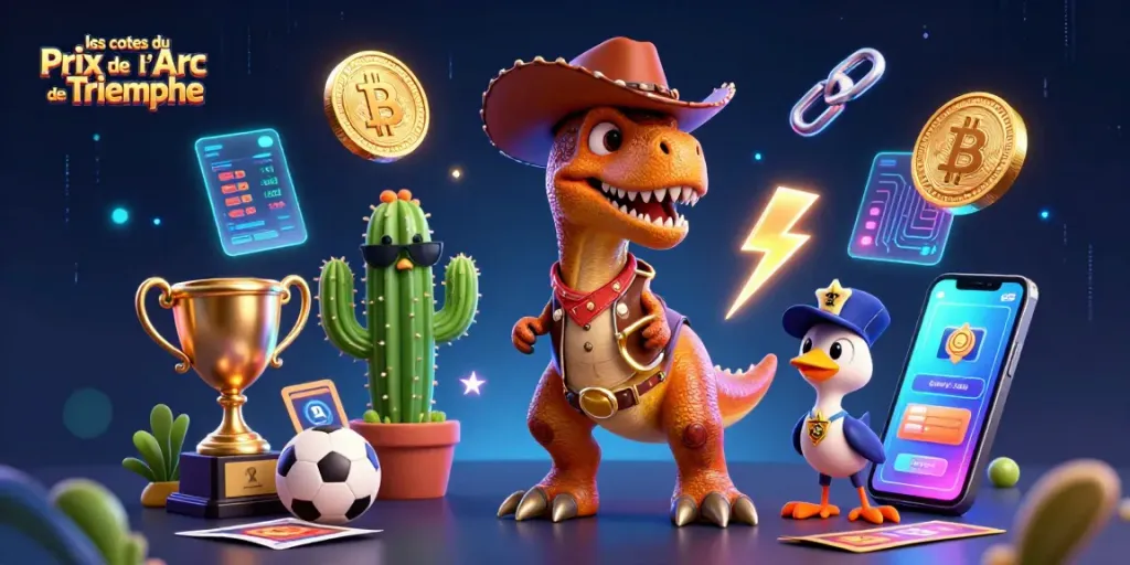 Engage with les cotes du Prix de l'Arc de Triomphe in this vibrant sports betting scene featuring dynamic characters and elements.