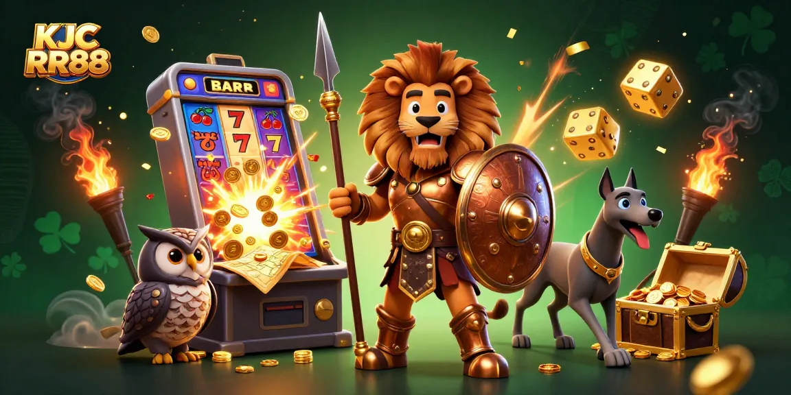 KJC RR88 showcases thrilling casino action with a Spartan lion and dynamic elements in a vibrant 3D illustration.