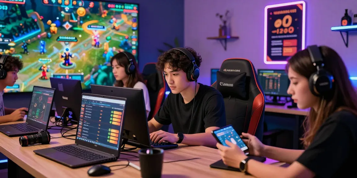 Engaged players exploring the vibrant Lotus365 gaming platform across devices in a lively digital environment.