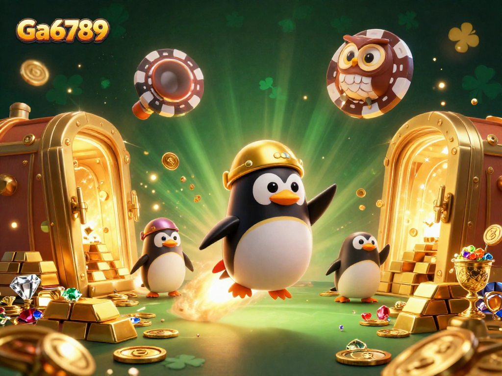 Experience thrilling adventures with Ga6789 as a golden penguin navigates a sparkling casino universe.