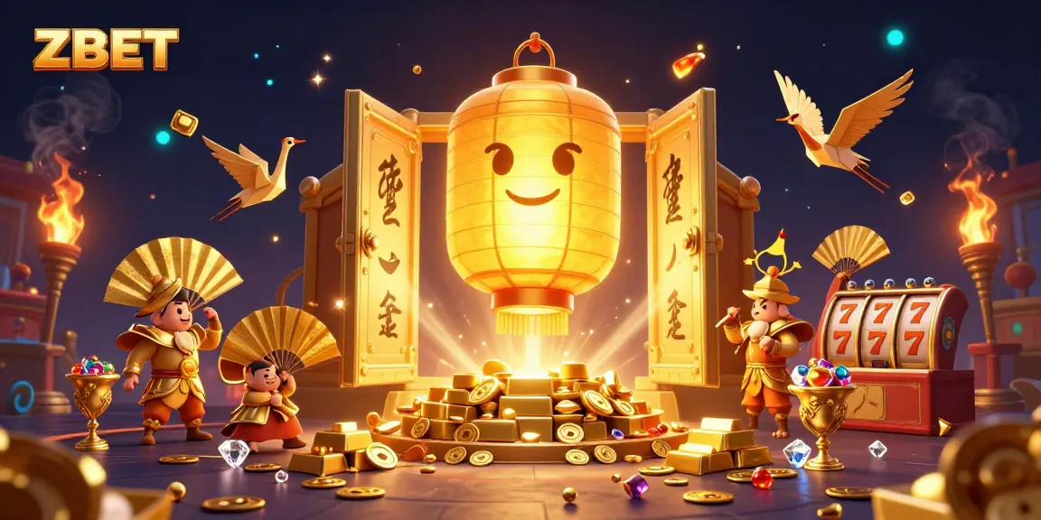 ZBET gaming excitement illustrated with a glowing lantern spirit, slot reels, and fortune symbols