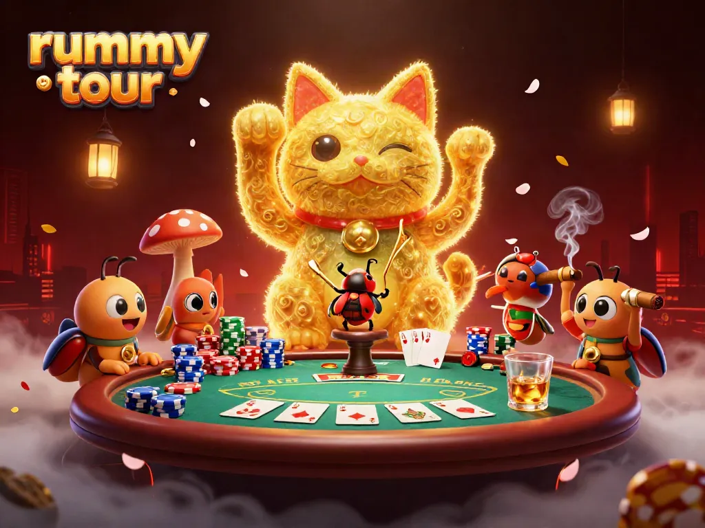 Rummy tour memberikan pengalaman bermain yang menarik dengan simbol kasino dan karakter lucu.