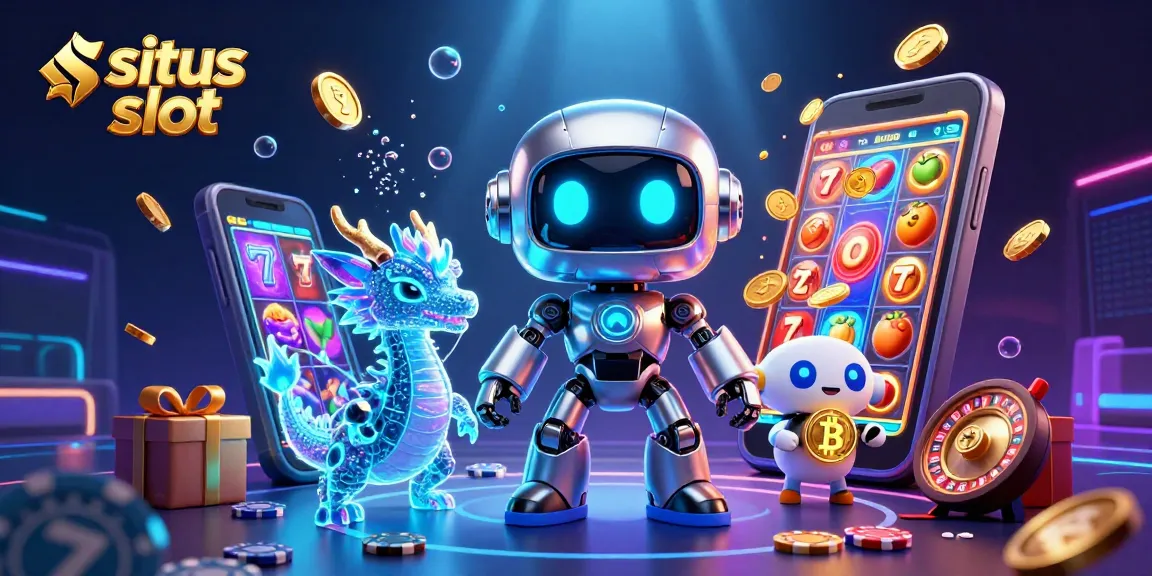 Spin the reels at situs slot with a neon robot and a digital dragon amid bursting coins and slot symbols.