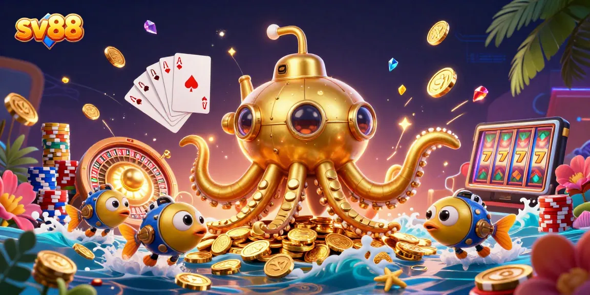 Engage with sv88’s exciting gaming adventure featuring a golden kraken and treasure.