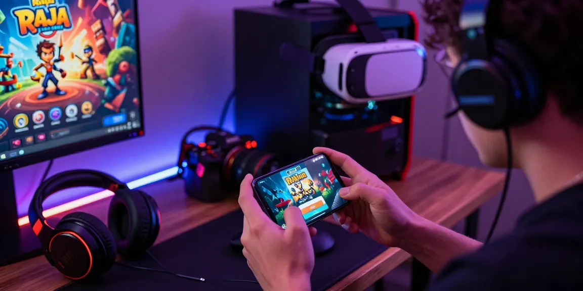 Engaging player using Raja Game login on smartphone amidst gaming setup and peripherals.