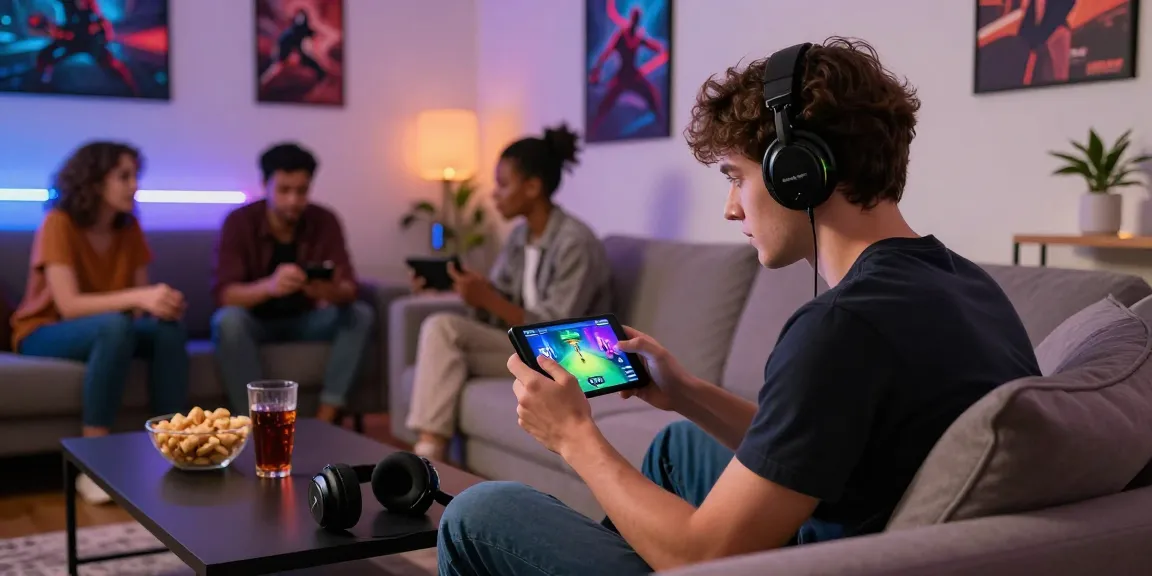 Engaged player using the jaiclub app while socializing with friends in a lively gaming atmosphere.