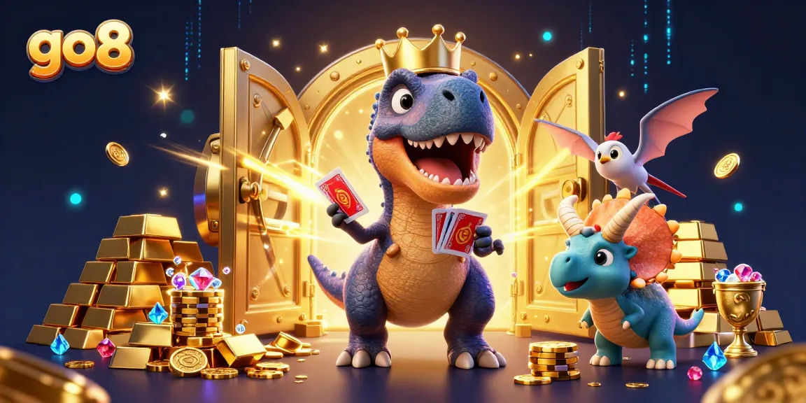 Experience action with go8, where a cartoon T-Rex deals cards and chips in a vibrant casino.