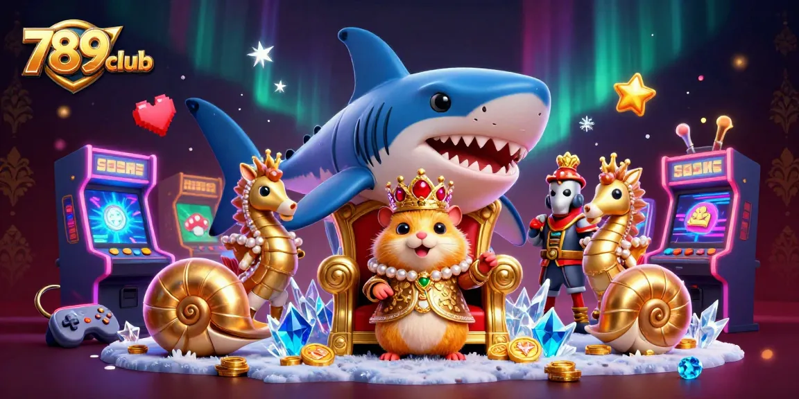 Engage with the 789club fantasy world, featuring a hamster king and arcade games in an exciting casino-themed illustration.